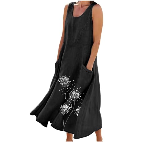 KDEIHT sonderangebote Restposten 2025 Damen Sommerkleid Ärmelloses Freizeitkleid Sommer Kleid 2025 Lange Strandkleid Blumen Druck Leinenkleid mit Taschen Urlaubskleid Einfarbig Mode Tankkleid von KDEIHT