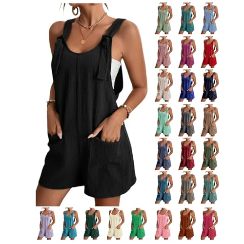 KDEIHT Latzhose Damen Kurz Jumpsuit Sommer Ärmellos Overall Musselin Einteiler Leicht und Luftig Latzhosen Casual Baggy Playsuit mit Taschen Romper Bequem Sommerhose von KDEIHT
