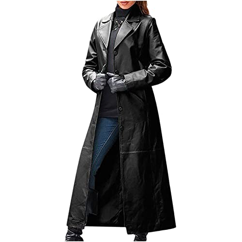 Ledermantel Damen Lange Schwarz Trenchcoat Slim Kunstleder Leder Kostüm PU Leder Windjacke Einfarbig Mode Outdoorjacke Lässiges Klassisch Mantel Festliche Winterparka mit Knöpfe Lederjacke von KDEIHT