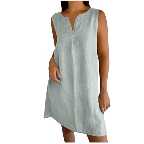 Leinenkleid Damen Leinen Baumwolle Sommerkleid V Ausschnitt A Linie Strandkleid Ärmellose Kleid Locker Trägerkleid Knielang Freizeitkleid Strand Urlaub Tankkleid Musselin Shirtkleid von KDEIHT