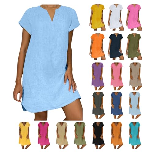 Sommerkleid Damen Leicht Leinenkleid Baumwolle Leinen Kleid Casual Kleider Sommer Midikleid V-Ausschnitt Kurzarm Strandkleid Luftig Freizeitkleid Mode Shirtkleid von KDEIHT