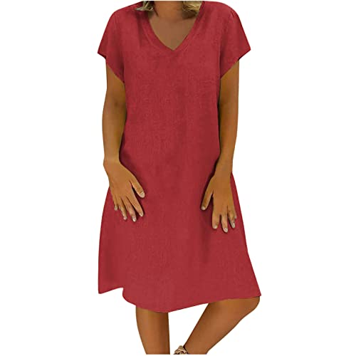 Sommerkleid Damen Leicht Leinenkleid Baumwolle Leinen Kleid Casual Kleider Sommer Midikleid V-Ausschnitt Kurzarm Strandkleid Luftig Freizeitkleid Mode Shirtkleid von KDEIHT