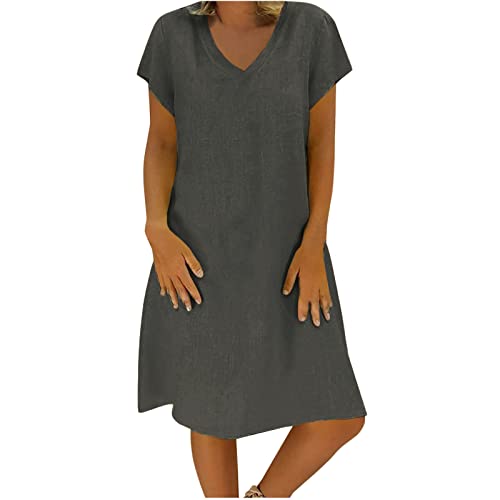 Sommerkleid Damen Leicht Leinenkleid Baumwolle Leinen Kleid Casual Kleider Sommer Midikleid V-Ausschnitt Kurzarm Strandkleid Luftig Freizeitkleid Mode Shirtkleid von KDEIHT
