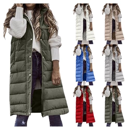 Weste Damen Lange Steppweste Winter Warm Daunenweste Leichte Winterjacke Ärmellos Westen Casual Daunenmantel mit Kapuze Übergangsjacke Gesteppt Longweste Outdoor Einfarbig Pufferjacke von KDEIHT