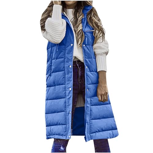 Weste Damen Lange Steppweste Winter Warm Daunenweste Leichte Winterjacke Ärmellos Westen Casual Daunenmantel mit Kapuze Übergangsjacke Gesteppt Longweste Outdoor Einfarbig Pufferjacke von KDEIHT