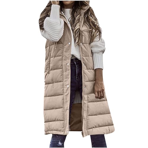 Weste Damen Lange Steppweste Winter Warm Daunenweste Leichte Winterjacke Ärmellos Westen Casual Daunenmantel mit Kapuze Übergangsjacke Gesteppt Longweste Outdoor Einfarbig Pufferjacke von KDEIHT