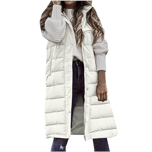 Weste Damen Lange Steppweste Winter Warm Daunenweste Leichte Winterjacke Ärmellos Westen Casual Daunenmantel mit Kapuze Übergangsjacke Gesteppt Longweste Outdoor Einfarbig Pufferjacke von KDEIHT