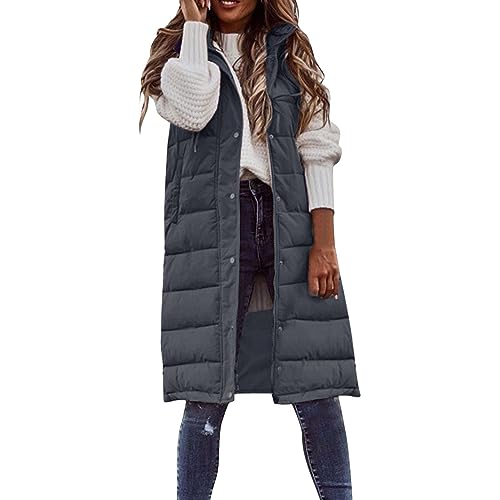 Weste Damen Lange Steppweste Winter Warm Daunenweste Leichte Winterjacke Ärmellos Westen Casual Daunenmantel mit Kapuze Übergangsjacke Gesteppt Longweste Outdoor Einfarbig Pufferjacke von KDEIHT