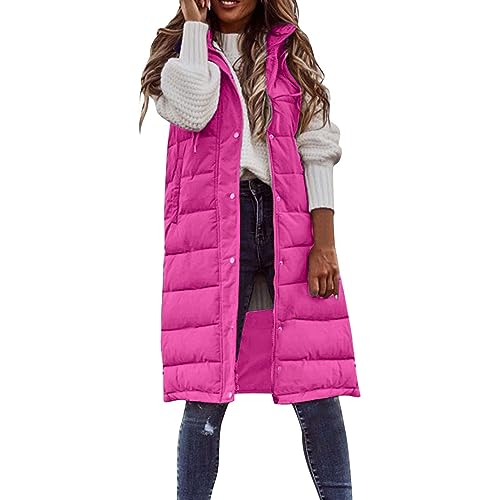 Weste Damen Lange Steppweste Winter Warm Daunenweste Leichte Winterjacke Ärmellos Westen Casual Daunenmantel mit Kapuze Übergangsjacke Gesteppt Longweste Outdoor Einfarbig Pufferjacke von KDEIHT