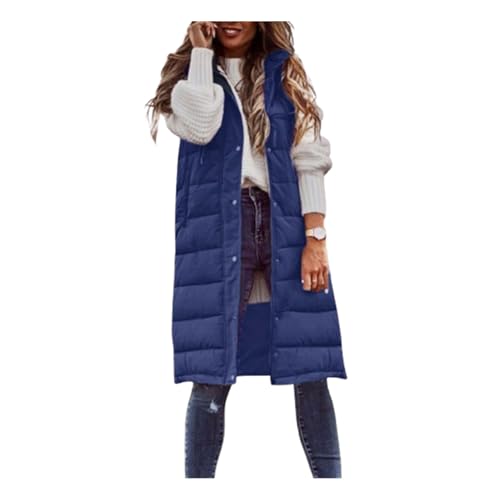 Weste Damen Lange Steppweste Winter Warm Daunenweste Leichte Winterjacke Ärmellos Westen Casual Daunenmantel mit Kapuze Übergangsjacke Gesteppt Longweste Outdoor Einfarbig Pufferjacke von KDEIHT