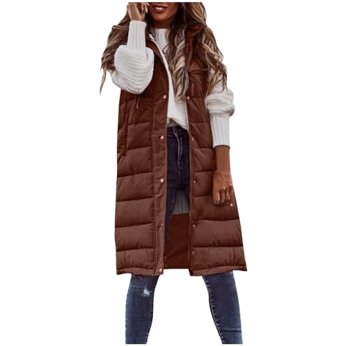 Weste Damen Lange Steppweste Winter Warm Daunenweste Leichte Winterjacke Ärmellos Westen Casual Daunenmantel mit Kapuze Übergangsjacke Gesteppt Longweste Outdoor Einfarbig Pufferjacke von KDEIHT