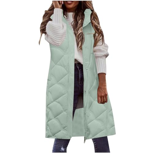Weste Damen Lange Steppweste Winter Warm Daunenweste Leichte Winterjacke Ärmellos Westen Casual Daunenmantel mit Kapuze Übergangsjacke Gesteppt Longweste Outdoor Einfarbig Pufferjacke von KDEIHT