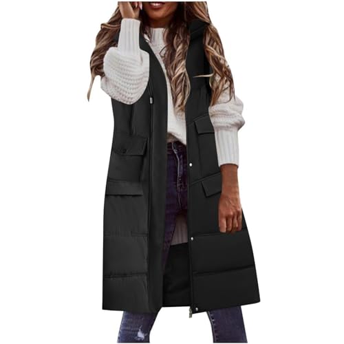 Weste Damen Lange Steppweste Winter Warm Daunenweste Leichte Winterjacke Ärmellos Westen Casual Daunenmantel mit Kapuze Übergangsjacke Gesteppt Longweste Outdoor Einfarbig Pufferjacke von KDEIHT