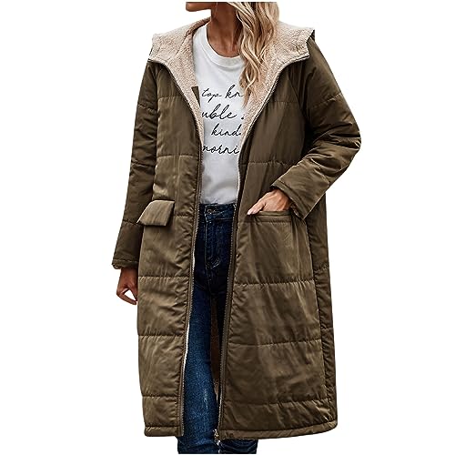 Winterjacke Damen Lang Fleecejacke Warm Gefüttert Wintermantel Winter Steppjacke Kuschelig Parka Mantel Langarm Jacke mit Kapuze Winterparka Übergangsjacke Casual Plüsch Outdoorjacke von KDEIHT