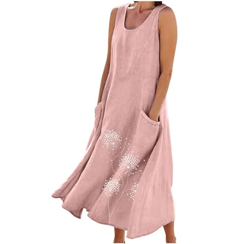 2025 Damen Sommerkleid Ärmelloses Freizeitkleid Sommer Kleid 2025 Lange Strandkleid Blumen Druck Leinenkleid mit Taschen Urlaubskleid Einfarbig Mode Tankkleid Atmungsaktiv Tunikakleid von KDEIHT