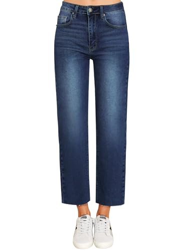 KDF Damen Cropped Straight Leg Jeans - Hohe Taille Jeans für Frauen 7/8 Länge Denim Hose mit Crop Hem, #0922_dunkelblau (ausgefranste Rohe Säume), 36 von KDF