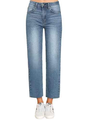 KDF Damen Cropped Straight Leg Jeans - Hohe Taille Jeans für Frauen 7/8 Länge Denim Hose mit Crop Hem, #0922_light blue, 42 von KDF