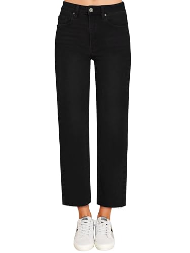 KDF Damen Cropped Straight Leg Jeans - Hohe Taille Jeans für Frauen 7/8 Länge Denim Hose mit Crop Hem, #0922_schwarz (ausgefranste rohe Säume), 40 von KDF