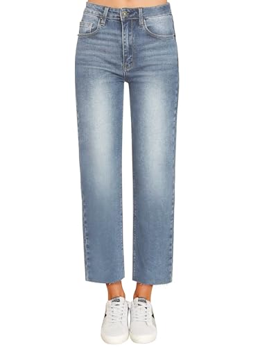 KDF Damen Cropped Straight Leg Jeans - Hohe Taille Jeans für Frauen 7/8 Länge Denim Hose mit Crop Hem, #0922_sky blue, 46 von KDF