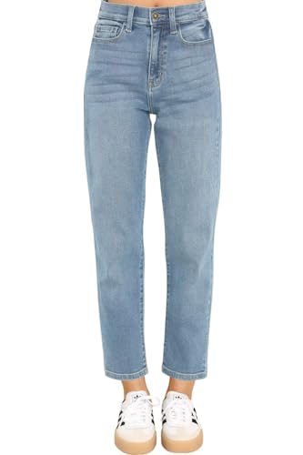KDF Damen Cropped Straight Leg Jeans - Hohe Taille Jeans für Frauen 7/8 Länge Denim Hose mit Crop Hem, #0923_ice blue, 42 von KDF