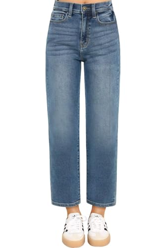 KDF Damen Cropped Straight Leg Jeans - Hohe Taille Jeans für Frauen 7/8 Länge Denim Hose mit Crop Hem, #0923_medium blue, 50 von KDF