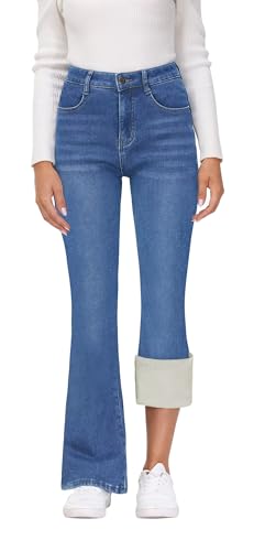 KDF Damen Flare Fleece Gefütterte Jeans Thermo-Fleece Hohe Taille Glockenhose Jeans Winter Warme Fleece-Hose, #3_Hellblau (warmes Fleece gefüttert), 46 von KDF