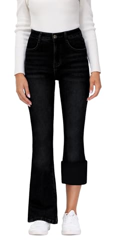 KDF Damen Flare Fleece Gefüttert Jeans Thermo Fleece Hohe Taille Glockenhose Jeans Winter Warm Fleece Hose, Schwarz mit Fleece _1017, 46 von KDF