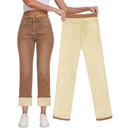 KDF Damen Fleece Gefüttert Jeans Frauen Hohe Taille Straight Leg Jeans Winter Fleece Gefüttert Jean Pants, Braun, 42 von KDF
