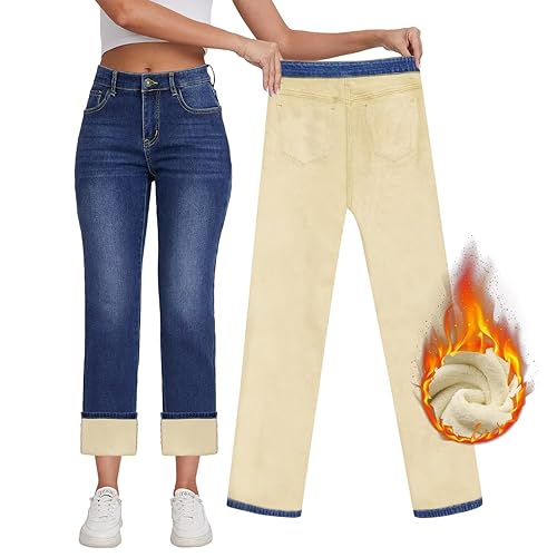 KDF Damen Fleece Gefüttert Jeans Frauen Hohe Taille Straight Leg Jeans Winter Fleece Gefüttert Jean Pants, Dunkelblau (Fleece gefüttert), 38 von KDF