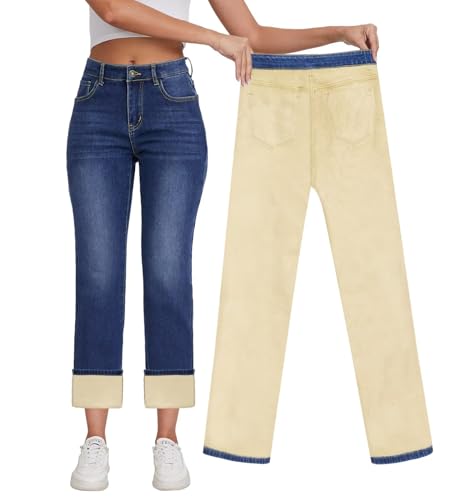 KDF Damen Fleece Gefüttert Jeans Frauen Hohe Taille Straight Leg Jeans Winter Fleece Gefüttert Jean Pants, Dunkelblau (Fleece gefüttert), 44 von KDF