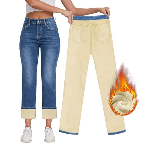 KDF Damen Fleece Gefüttert Jeans Frauen Hohe Taille Straight Leg Jeans Winter Fleece Gefüttert Jean Pants, Hellblau (Fleece gefüttert), 40 von KDF