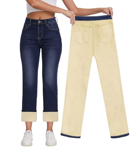KDF Damen Fleece Gefüttert Jeans Frauen Hohe Taille Straight Leg Jeans Winter Fleece Gefüttert Jean Pants, Marineblau (Fleece gefüttert), 40 von KDF
