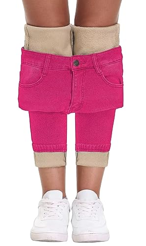 KDF Damen Jeans mit Fleece gefüttert, Thermo-Flanell, Winterjeans, warme Denim-Fleece-gefütterte Hose Jeans, Hot Pink (Fleece gefüttert), 44 von KDF