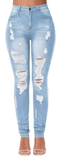 KDF Damen Jeans mit hoher Taille für Frauen, Distressed Zerrissene Jeans Slim Fit Butt Lifting Skinny Stretch Jeans Denim Pants, #3_himmelblau, 50 von KDF