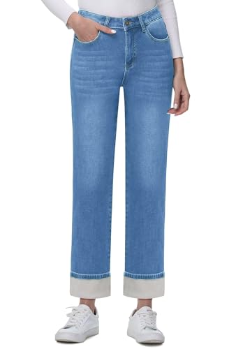 KDF Damenjeans mit Fleece gefüttert, gerades Bein, thermische Relaxed Fleece-Hose, Floded Saum, beheizte Jeans, Sherpa gefütterte Jeans, #1_Hellblau (warmes Fleece gefüttert), 38 von KDF