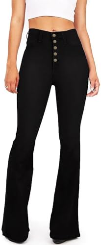 KDF Flare Jeans für Damen, Bootcut-Jeans mit Glockenunterteil, hohe Taille, Stretch, schlankmachende Glockenhose, Jeans, Schwarz, 5 Knöpfe, 44 von KDF