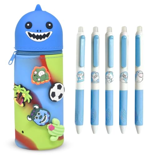 KDFSSIPE 2 in 1 Weiche Silikontasche Kawaii Federmäppchen and 5 PCS Löschbare einziehbare Stifte,Federmäppchen,Stand Up Federmäppchen,Tier Stifthalter Bleistifttasche Mädchen Junge （Shark） von KDFSSIPE