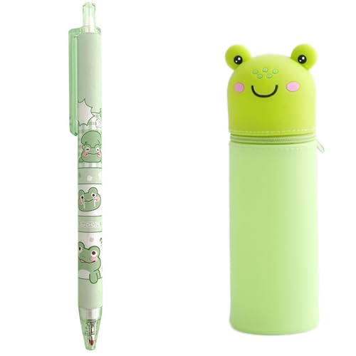 KDFSSIPE 2 in 1 Weiche Silikontasche Kawaii Federmäppchen and 6 x Gelstifte 0,5mm,Stand Up Federmäppchen,Tier Stifthalter Bleistifttasche Mädchen Junge （Frog） von KDFSSIPE
