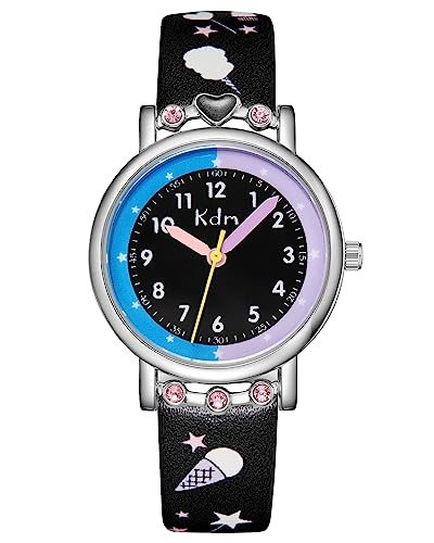 KDM Kinderuhr Jungen Mädchen 30mm Armbanduhr Kinder Lernuhr Analog Quarz Leder Wasserdicht Schwarz Jungen Uhr Zeit Lehrer, Geschenke für Kinder 3-12 Jahre von KDM