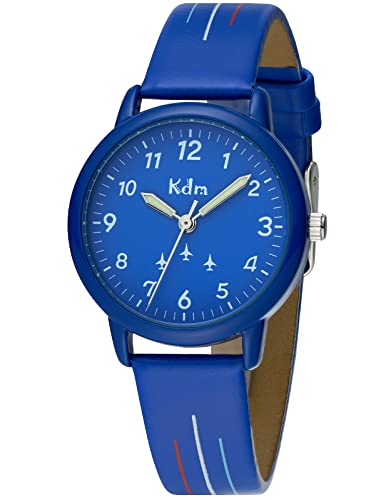 KDM Kinderuhr Jungen Mädchen Lernuhr Kinder Armbanduhr Analog Quarz Leder Leuchtend Wasserdicht Uhr Zeit Lehrer, Geschenke für Kinder 3-12 Jahre, Blau von KDM