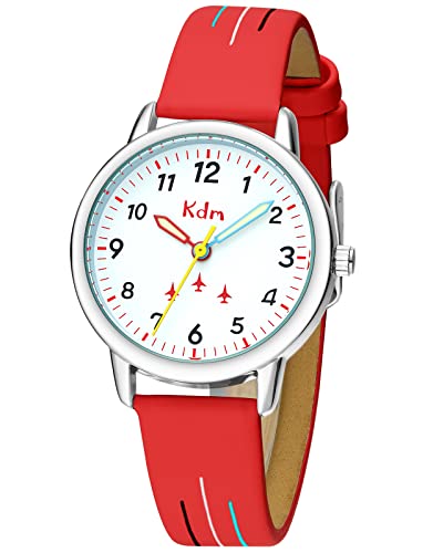 KDM Kinderuhr Jungen Mädchen Lernuhr Kinder Armbanduhr Analog Quarz Leder Leuchtend Wasserdicht Uhr Zeit Lehrer, Geschenke für Kinder 3-12 Jahre, Rot von KDM