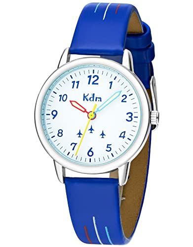 KDM Kinderuhr Mädchen Jungen Lernuhr Kinder Armbanduhr Analog Quarz Leder Leuchtend Wasserdicht Uhr Zeit Lehrer, Geschenke für Kinder 3-12 Jahre, Blau Weiß von KDM