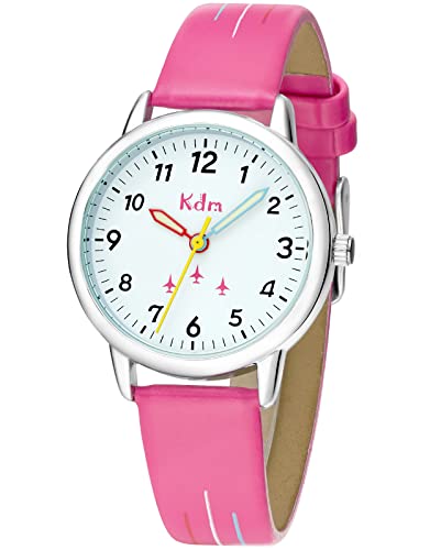 KDM Kinderuhr Mädchen Lernuhr Kinder Armbanduhr Analog Quarz Leder Leuchtend Wasserdicht Uhr Zeit Lehrer, Geschenke für Kinder 3-12 Jahre, Rosa Rot von KDM