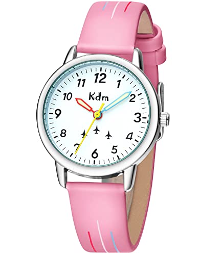 KDM Kinderuhr Mädchen Lernuhr Kinder Armbanduhr Analog Quarz Leder Leuchtend Wasserdicht Uhr Zeit Lehrer, Geschenke für Kinder 3-12 Jahre, Rosa von KDM