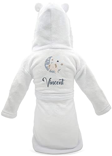 KDO MAGIC - Personalisierter Baby-Bademantel - Weich und flauschig - Personalisierbar mit einem Vornamen - Farbe Weiß - Jungen & Mädchen (18-24 Monat, Motiv: Mond Elefant) von KDO MAGIC