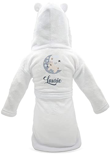 KDO MAGIC - Personalisierter Baby-Bademantel - Weich und flauschig - Personalisierbar mit einem Vornamen - Farbe Weiß - Jungen & Mädchen (6-12 Monat, Motiv: Mond Bärchen) von KDO MAGIC