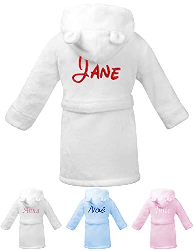 KDO MAGIC - Bademantel personalisiert baby - Morgenmantel mit einer Stickerei - Gestickter Vorname - Mehrere Farben - Mit Kapuze - Geschenkidee für Weihnachten, Geburtstag (6-12 Monat, Weiß) von KDO MAGIC