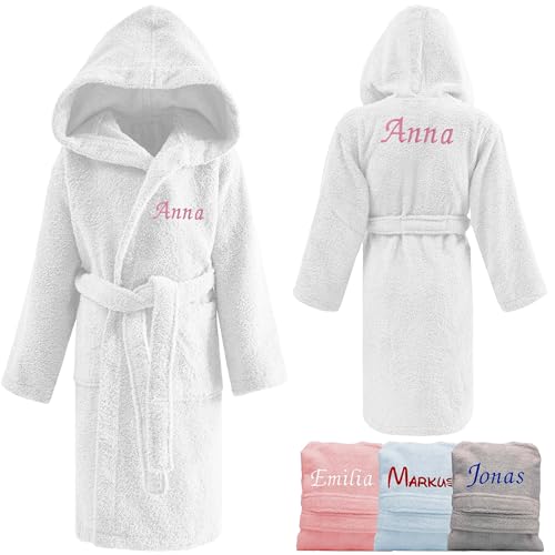 KDO MAGIC - Bademantel personalisiert kinder - Gestickter Vorname - 100% Baumwolle - Geschenkidee zum Geburtstag, Weihnachten (12-14 Jahre, Weiß) von KDO MAGIC