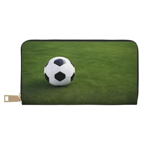 KDUBNJDS Ledergeldbörse, Kreditkartenetui für Damen und Herren, mit 12 Kartenfächern, 3 Fächern für Bargeld und integrierten Münzfächern mit Reißverschluss (Sonnenblumen), Fußballball auf Grassy, von KDUBNJDS