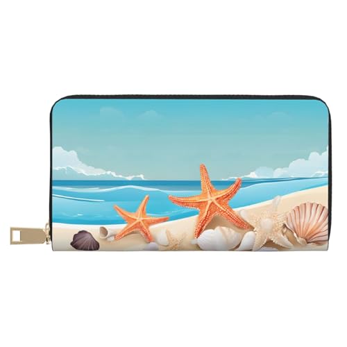 KDUBNJDS Ledergeldbörse, Kreditkartenetui für Damen und Herren, mit 12 Kartenfächern, 3 Fächern für Bargeld und integrierten Münzfächern mit Reißverschluss (Sonnenblumen), Muscheln Sand, Einheitsgröße von KDUBNJDS